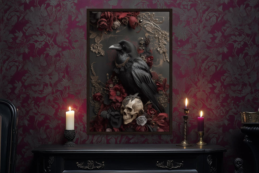 Gothic Raven With Skull And Red Flowers Canvas Wall Art
