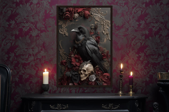 Gothic Raven With Skull And Red Flowers Canvas Wall Art