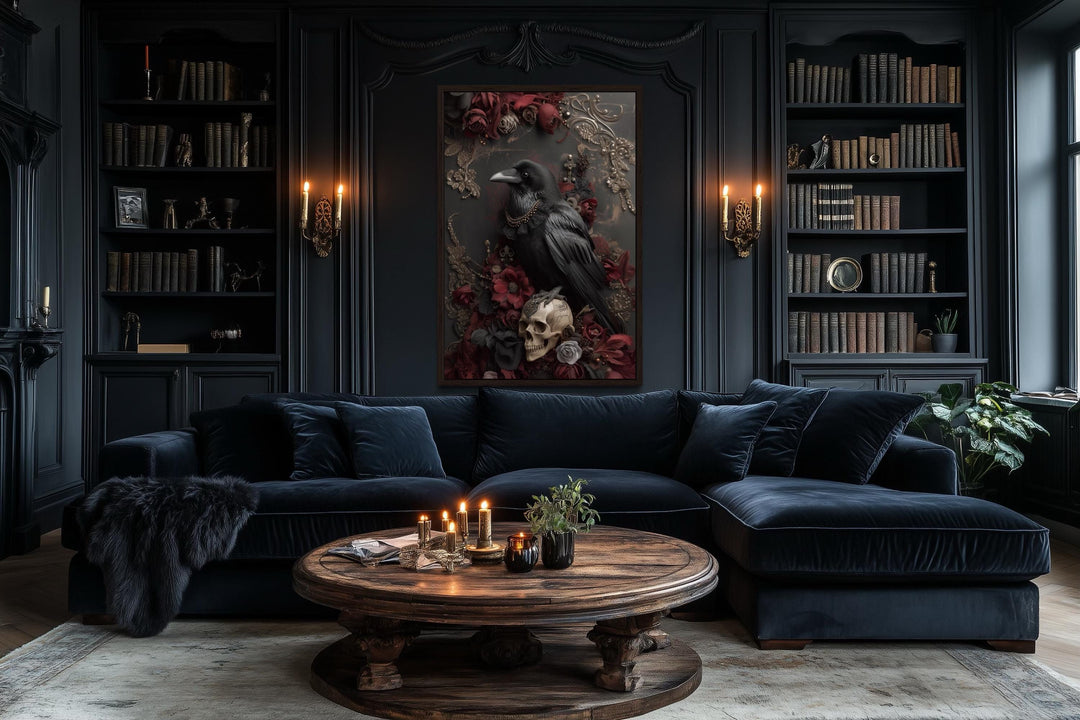 Gothic Raven With Skull And Red Flowers Canvas Wall Art