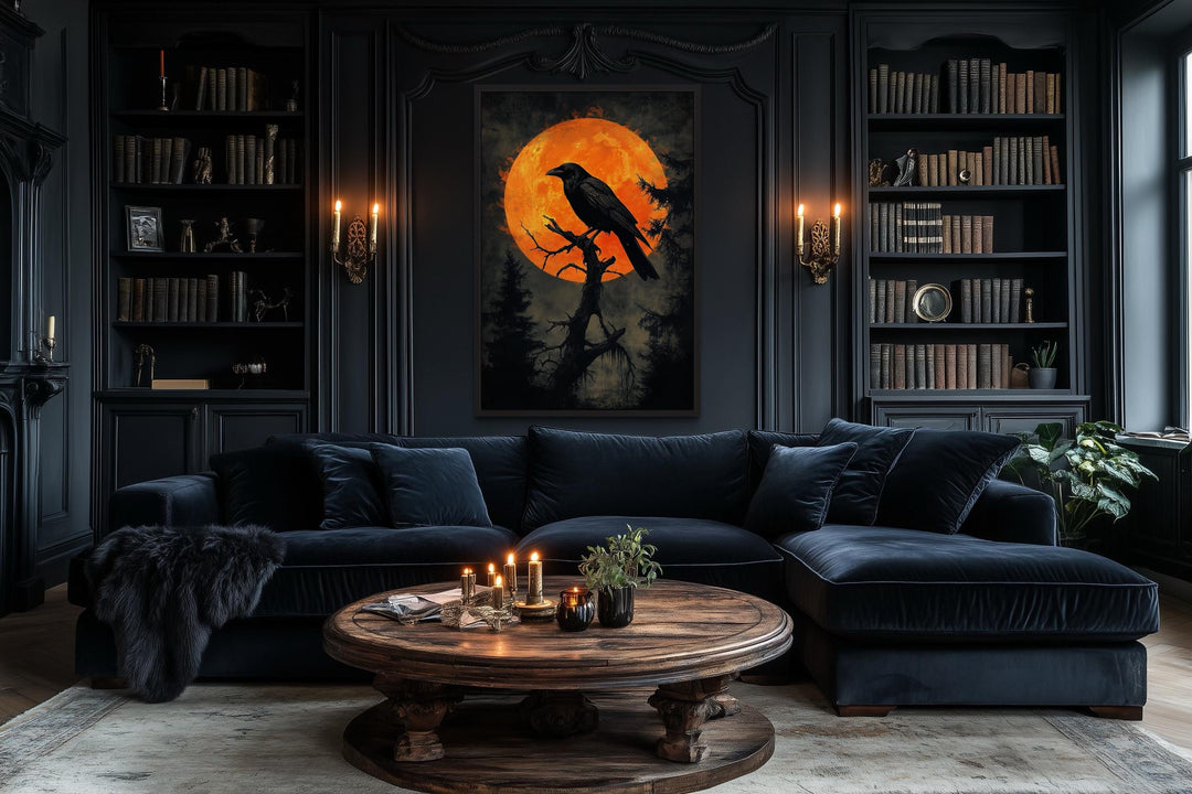 Gothic Raven on Twisted Tree with Orange Blood Moon Canvas Wall Art