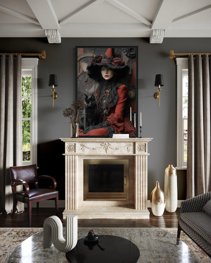 Gothic Red Witch With Black Cat Canvas Wall Art