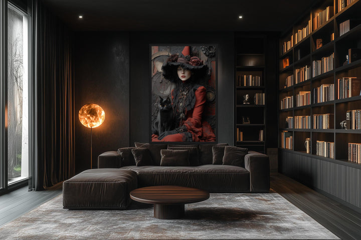 Gothic Red Witch With Black Cat Canvas Wall Art
