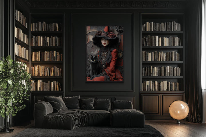 Gothic Red Witch With Black Cat Canvas Wall Art