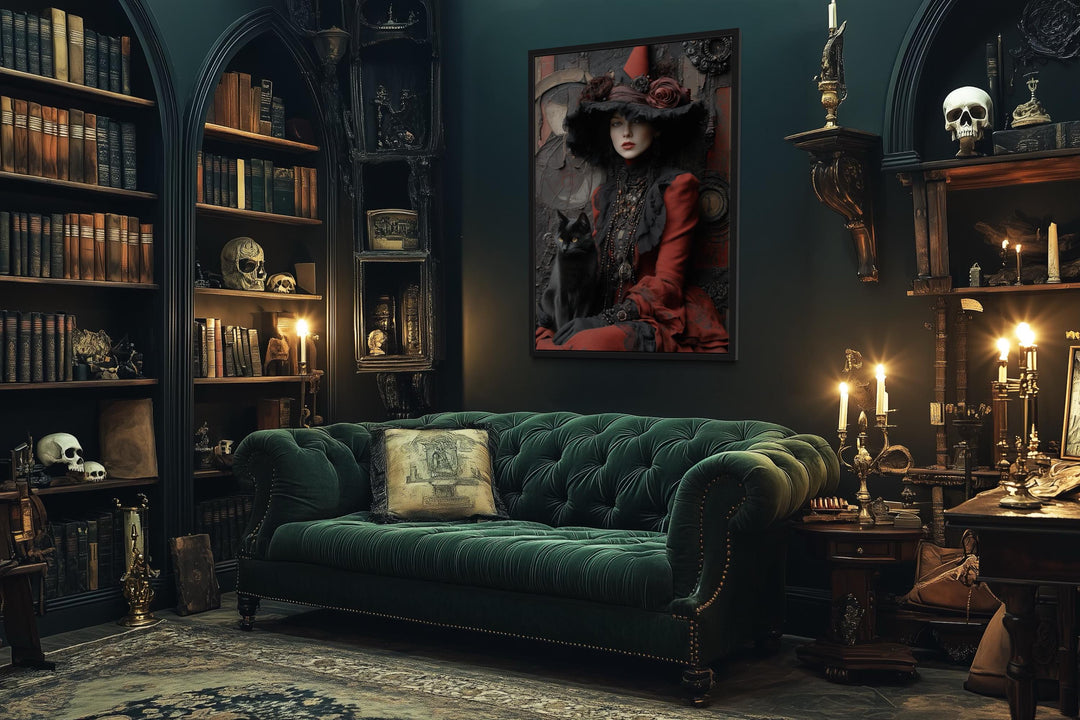 Gothic Red Witch With Black Cat Canvas Wall Art