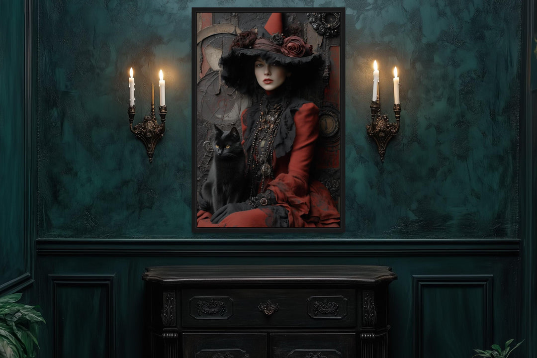 Gothic Red Witch With Black Cat Canvas Wall Art