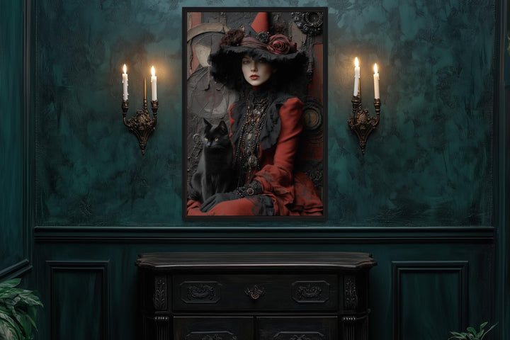 Gothic Red Witch With Black Cat Canvas Wall Art