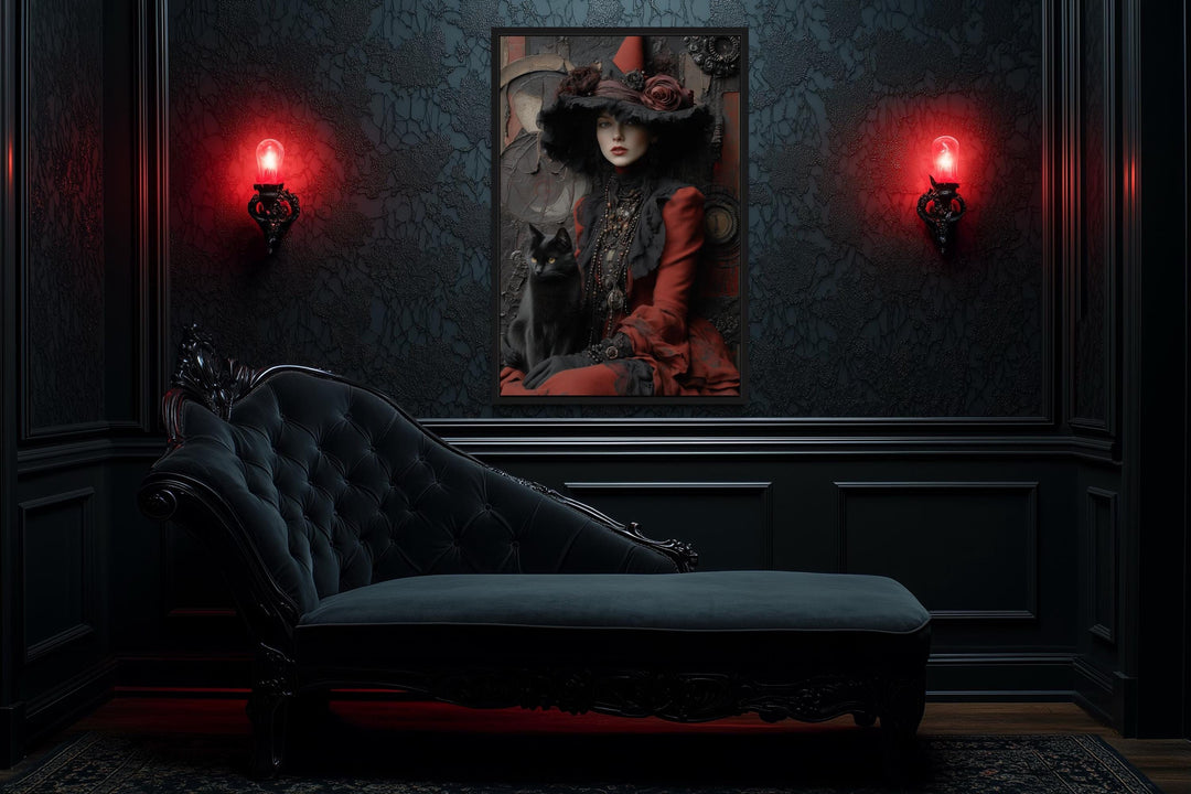 Gothic Red Witch With Black Cat Canvas Wall Art