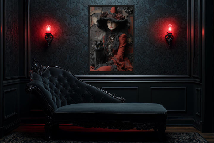 Gothic Red Witch With Black Cat Canvas Wall Art
