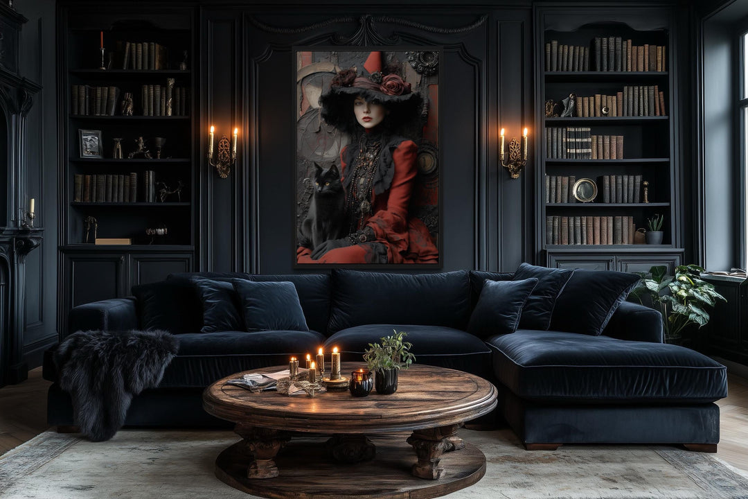 Gothic Red Witch With Black Cat Canvas Wall Art