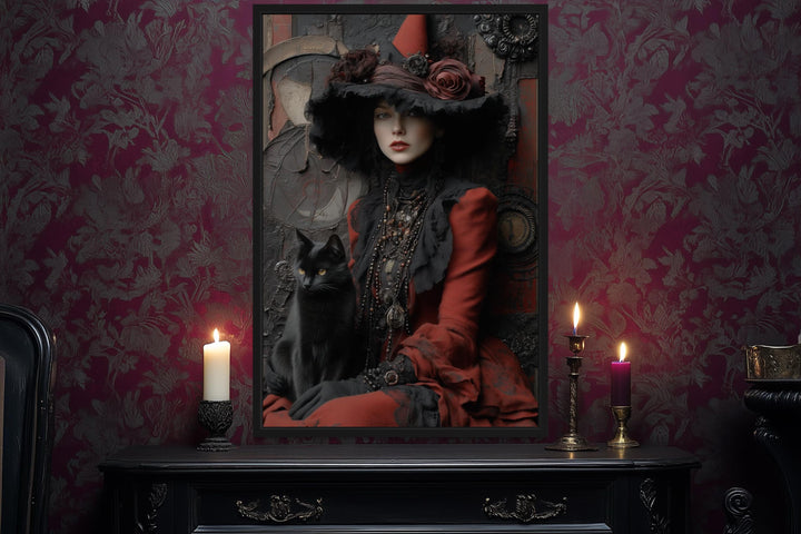 Gothic Red Witch With Black Cat Canvas Wall Art