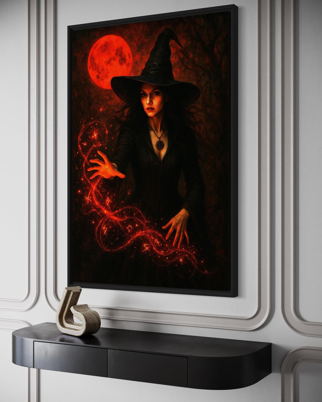 Gothic Witch Casting Spells Wall Art With Red Bloody Moon Halloween Wall Decor