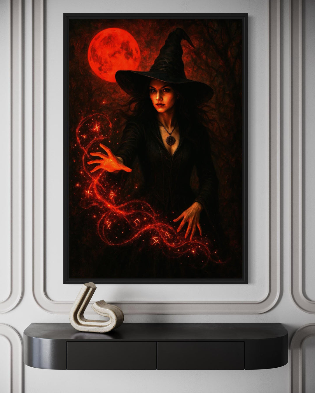 Gothic Witch Casting Spells Wall Art With Red Bloody Moon Halloween Wall Decor