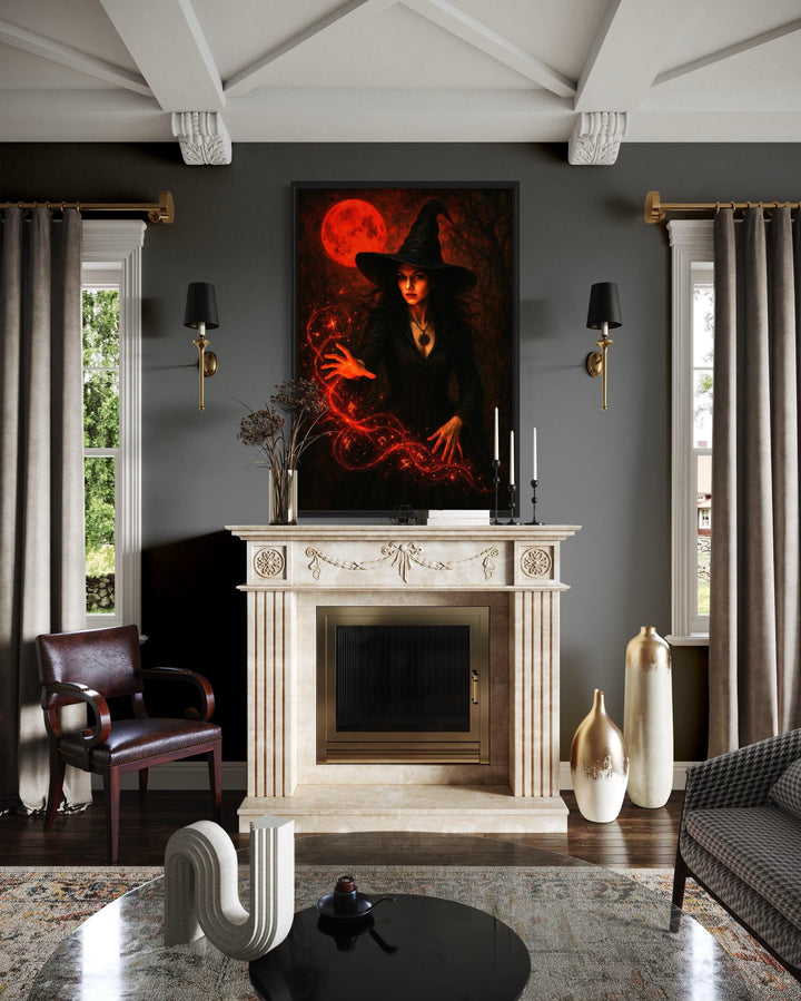 Gothic Witch Casting Spells Wall Art With Red Bloody Moon Halloween Wall Decor