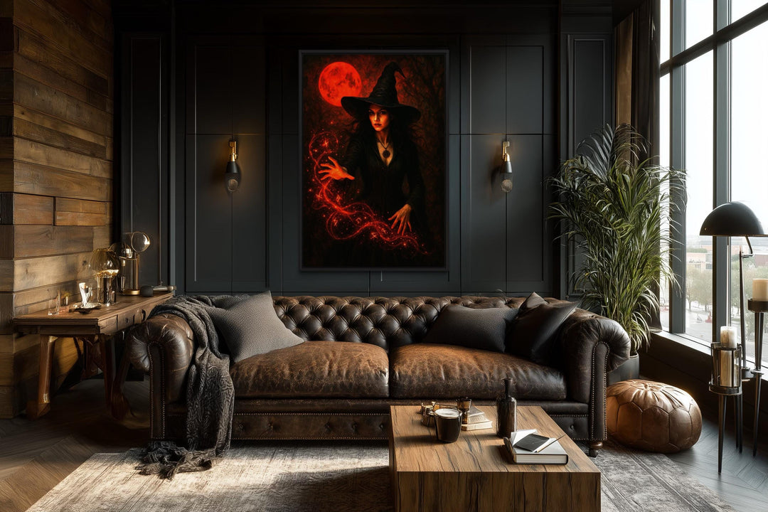 Gothic Witch Casting Spells Wall Art With Red Bloody Moon Halloween Wall Decor
