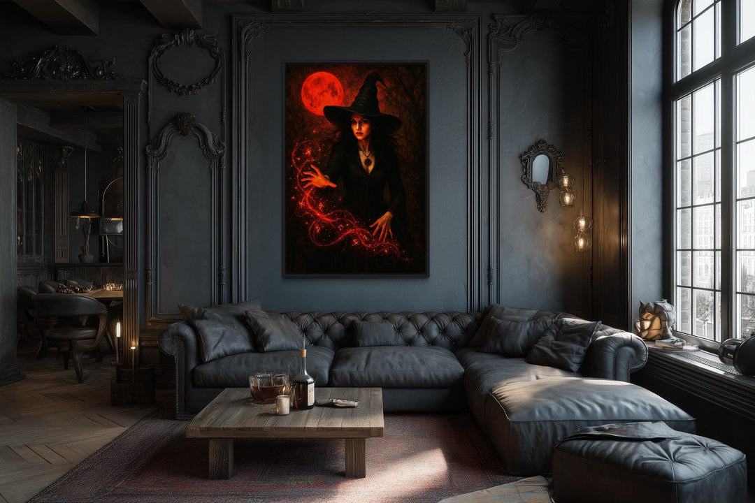 Gothic Witch Casting Spells Wall Art With Red Bloody Moon Halloween Wall Decor