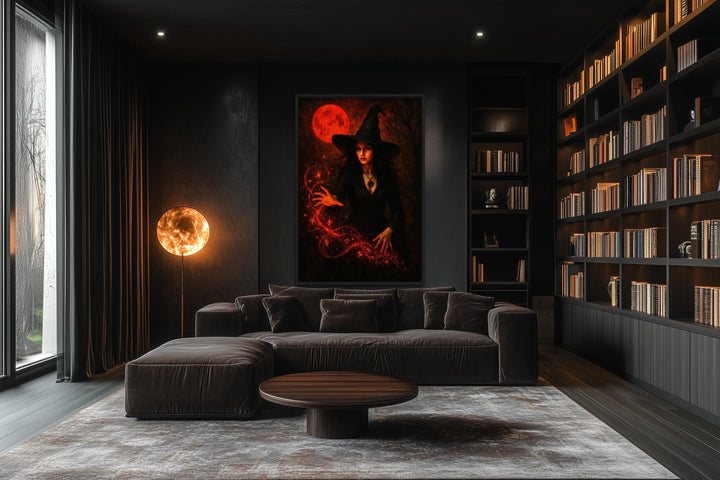Gothic Witch Casting Spells Wall Art With Red Bloody Moon Halloween Wall Decor