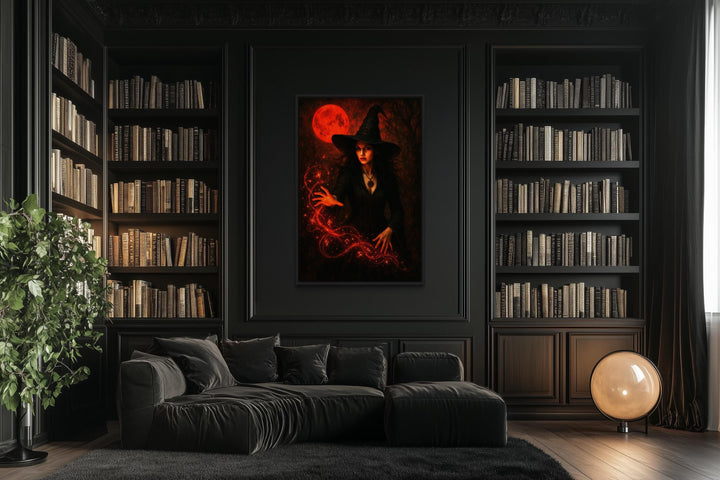 Gothic Witch Casting Spells Wall Art With Red Bloody Moon Halloween Wall Decor