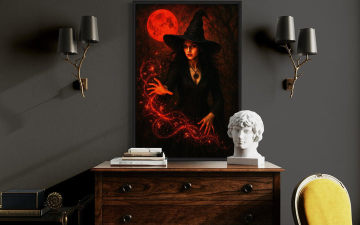 Gothic Witch Casting Spells Wall Art With Red Bloody Moon Halloween Wall Decor