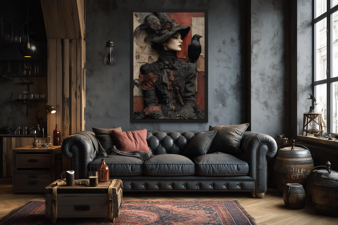 Gothic Witch With Raven Framed Canvas Wall Art