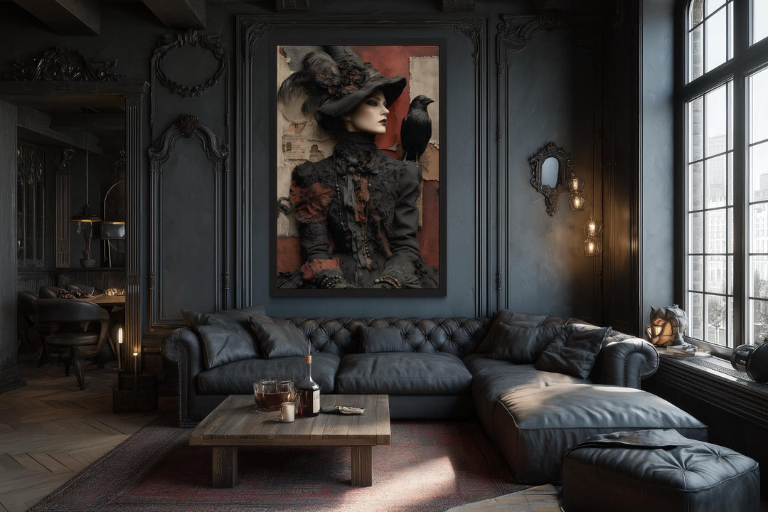 Gothic Witch With Raven Framed Canvas Wall Art