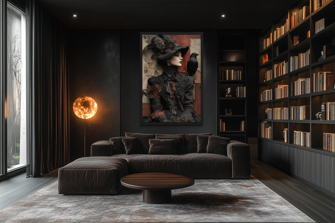 Gothic Witch With Raven Framed Canvas Wall Art