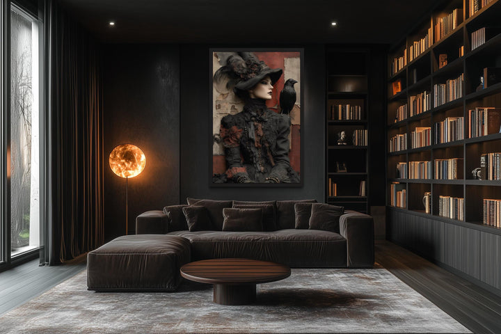 Gothic Witch With Raven Framed Canvas Wall Art