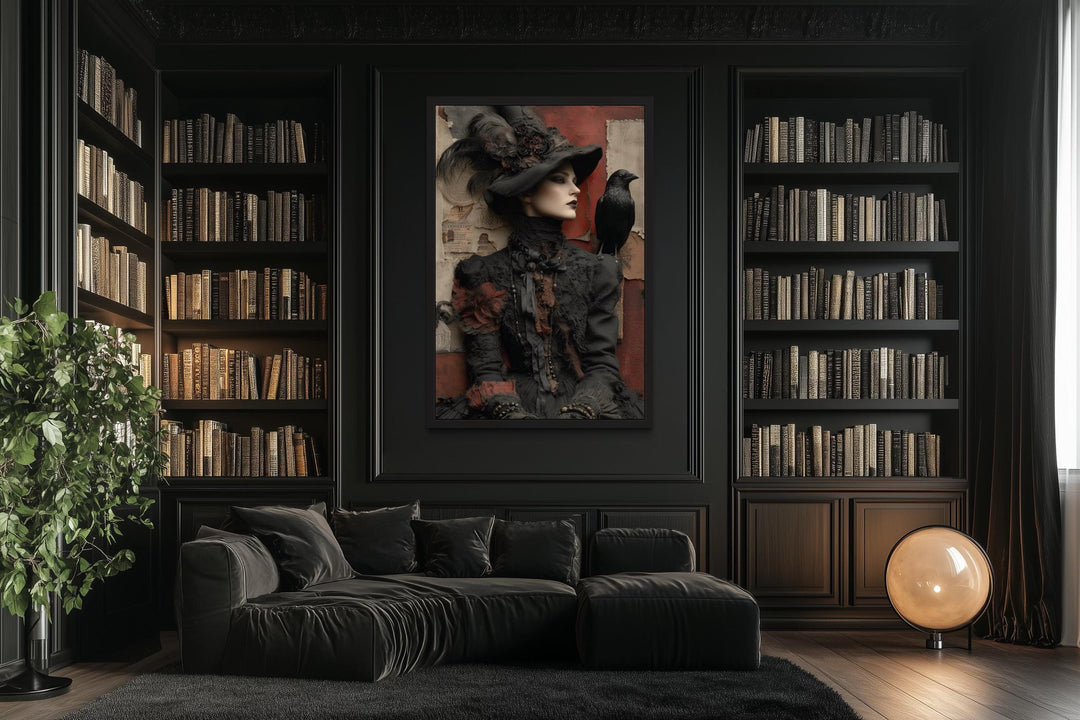 Gothic Witch With Raven Framed Canvas Wall Art