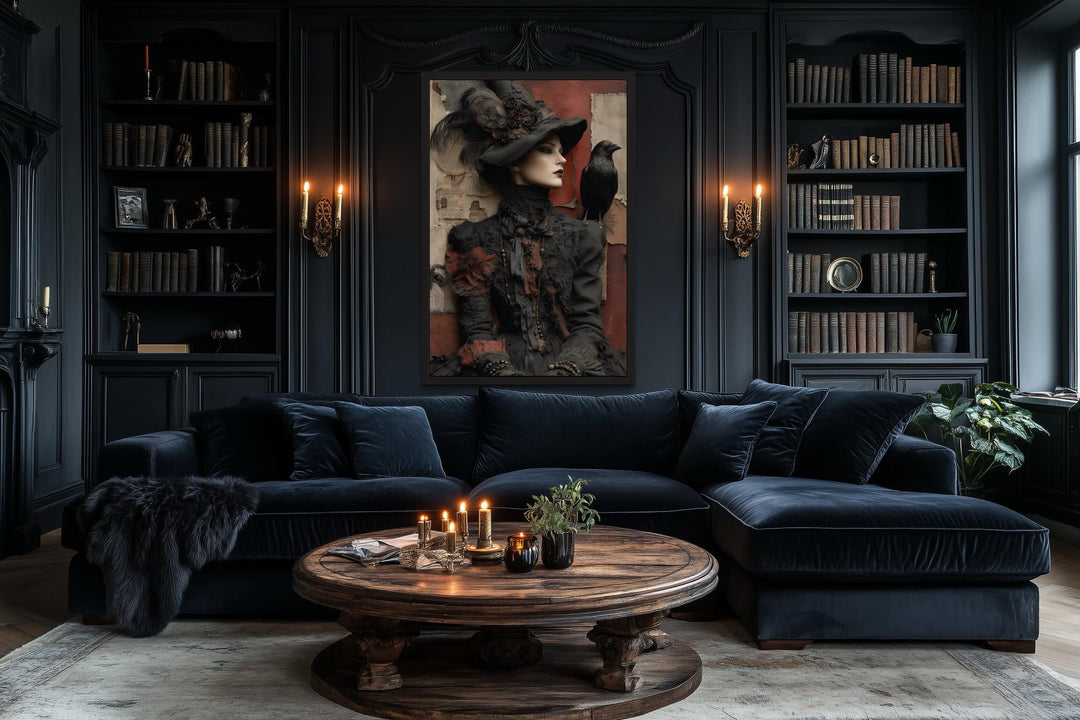 Gothic Witch With Raven Framed Canvas Wall Art