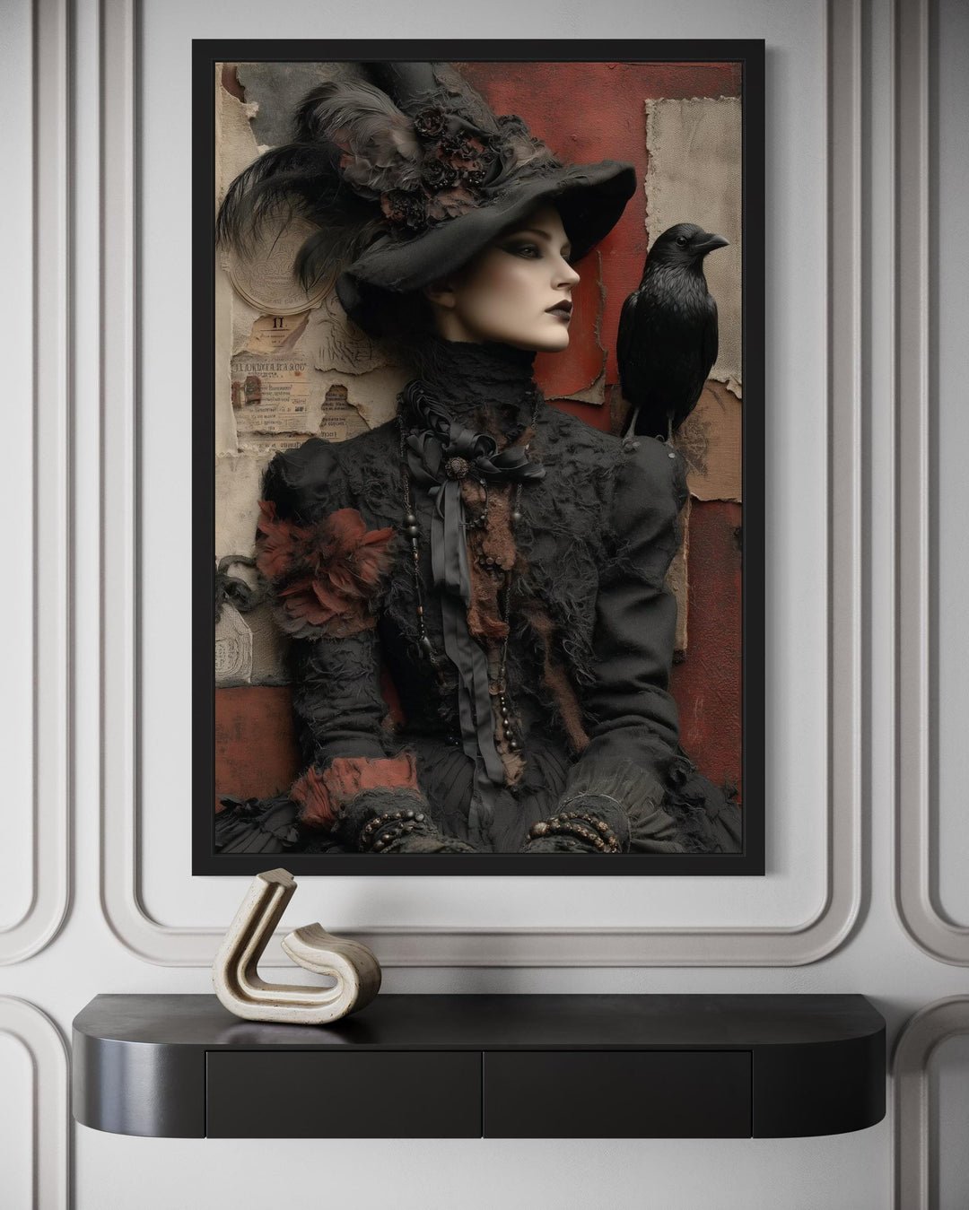 Gothic Witch With Raven Framed Canvas Wall Art