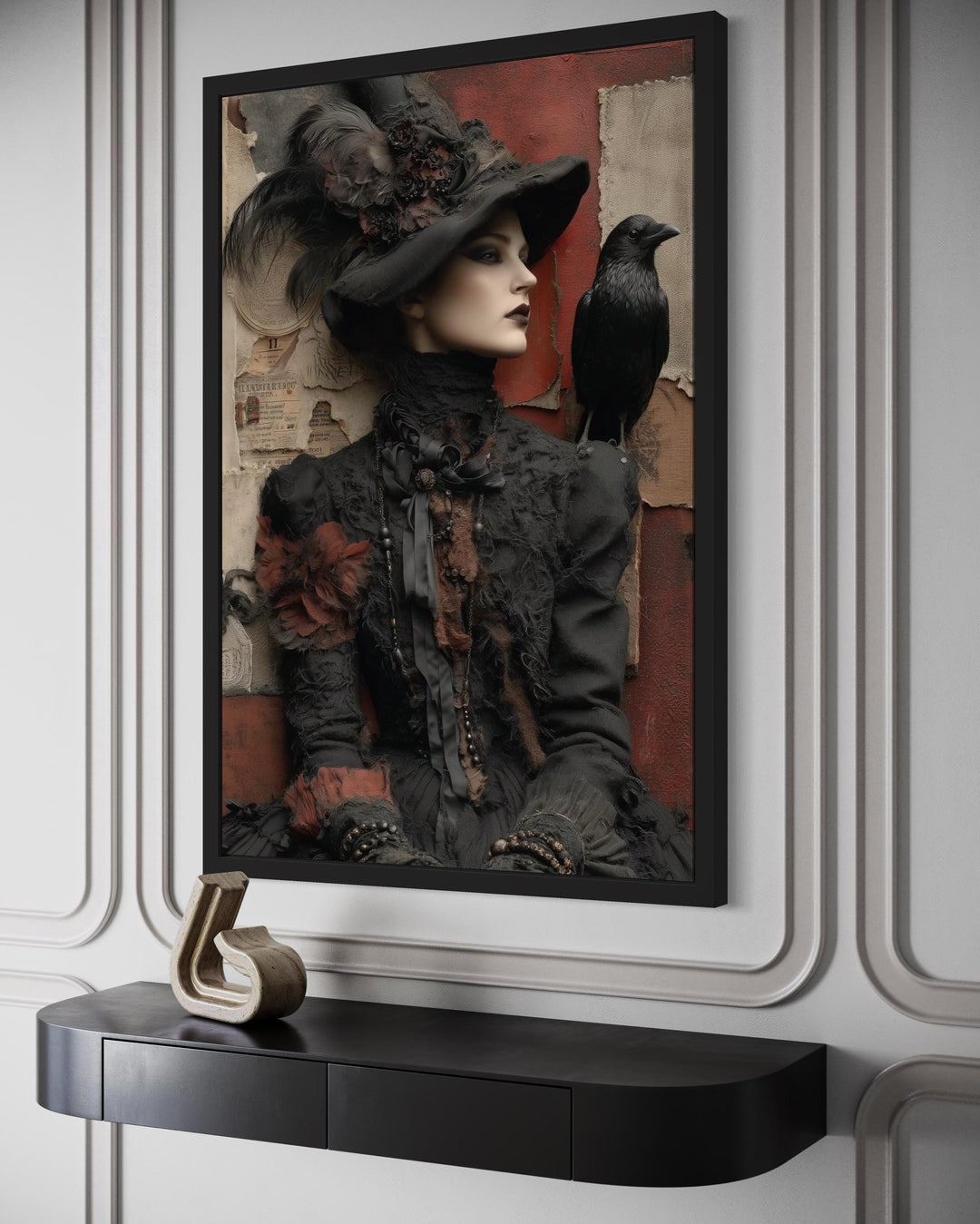 Gothic Witch With Raven Framed Canvas Wall Art