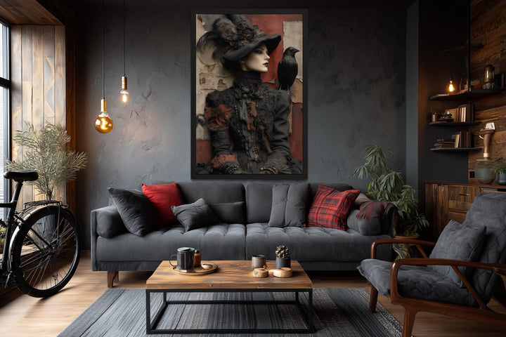 Gothic Witch With Raven Framed Canvas Wall Art