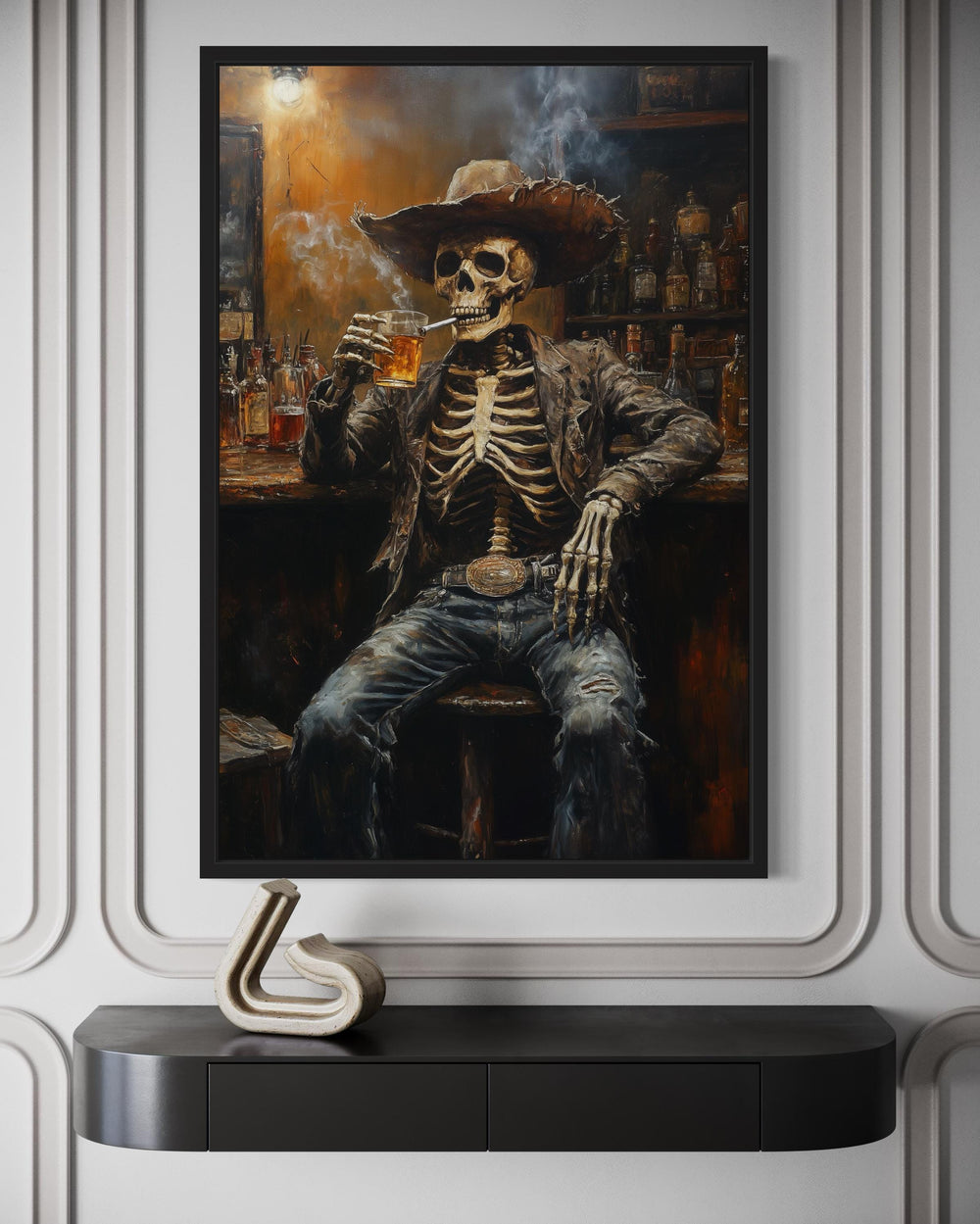 Graffiti Skeleton Cowboy In A Western Bar Smoking Cigar Drinking Beer Man Cave Wall Art