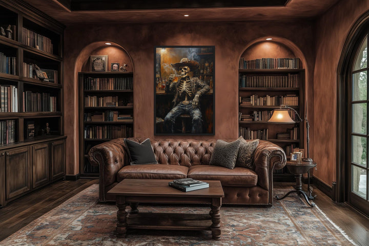 Graffiti Skeleton Cowboy In A Western Bar Smoking Cigar Drinking Beer Man Cave Wall Art
