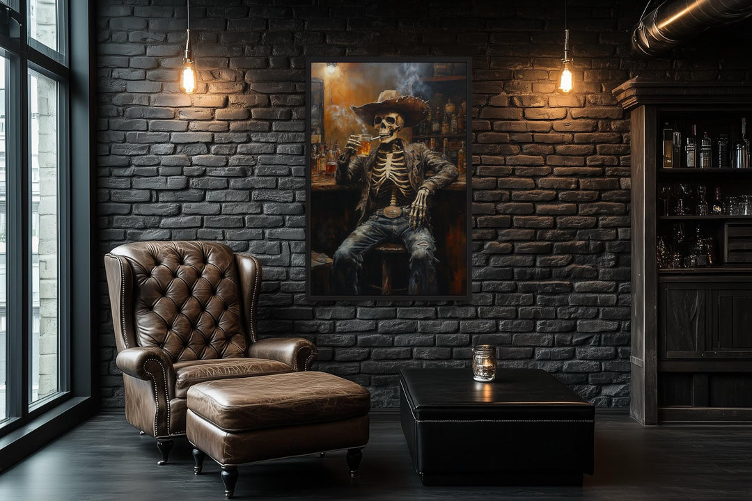 Graffiti Skeleton Cowboy In A Western Bar Smoking Cigar Drinking Beer Man Cave Wall Art