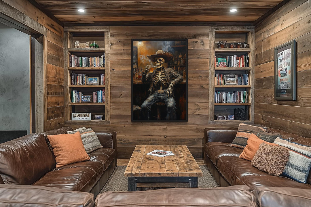 Graffiti Skeleton Cowboy In A Western Bar Smoking Cigar Drinking Beer Man Cave Wall Art
