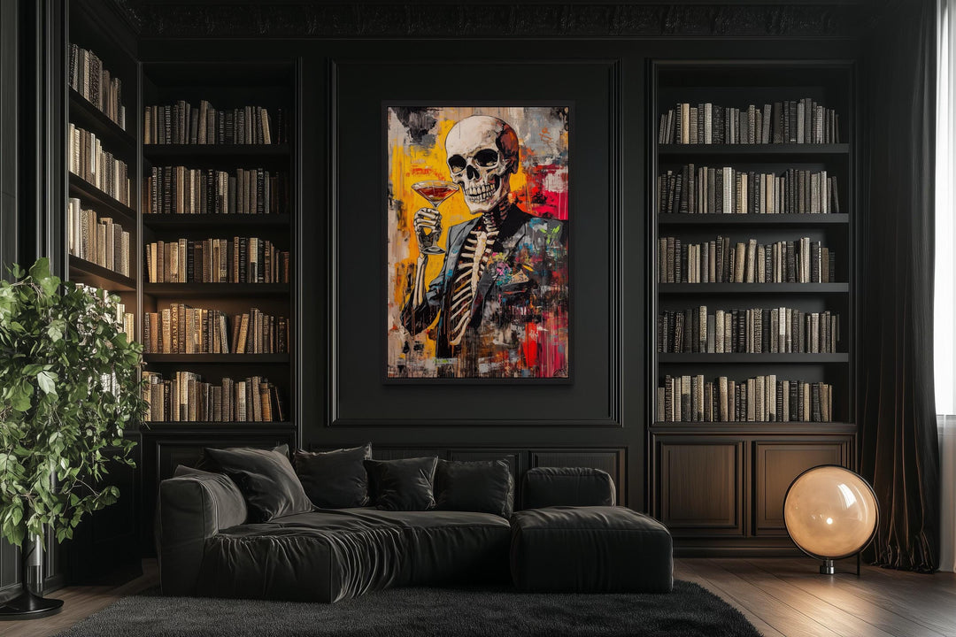 Graffiti Skeleton Skull With Martini Glass Framed Canvas Wall Art For Man Cave Decor
