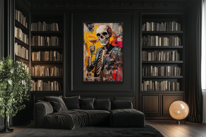 Graffiti Skeleton Skull With Martini Glass Framed Canvas Wall Art For Man Cave Decor