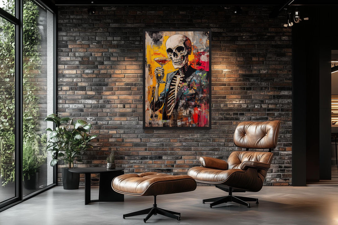 Graffiti Skeleton Skull With Martini Glass Framed Canvas Wall Art For Man Cave Decor