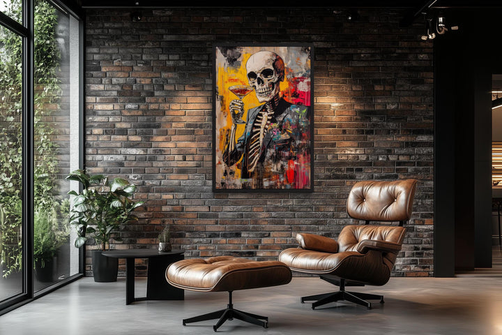 Graffiti Skeleton Skull With Martini Glass Framed Canvas Wall Art For Man Cave Decor