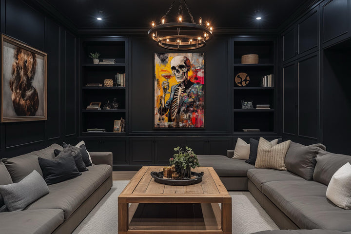 Graffiti Skeleton Skull With Martini Glass Framed Canvas Wall Art For Man Cave Decor