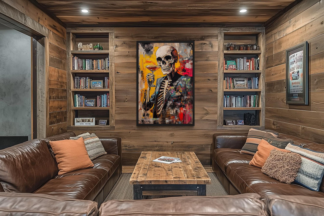 Graffiti Skeleton Skull With Martini Glass Framed Canvas Wall Art For Man Cave Decor