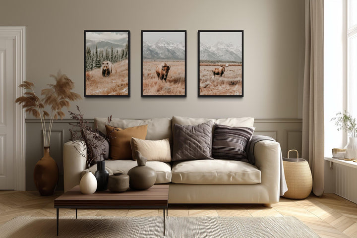 Grand Teton Wildlife Wall Art Set of 3 – Neutral Color Bear, Moose, and Bison Photography Style Prints