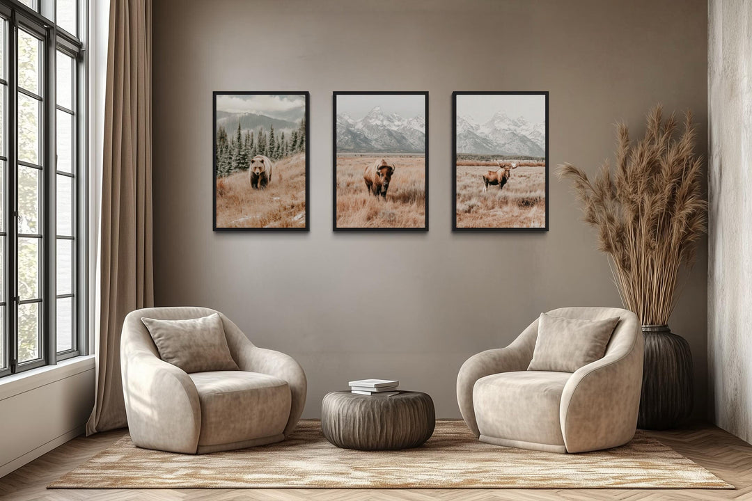 Grand Teton Wildlife Wall Art Set of 3 – Neutral Color Bear, Moose, and Bison Photography Style Prints