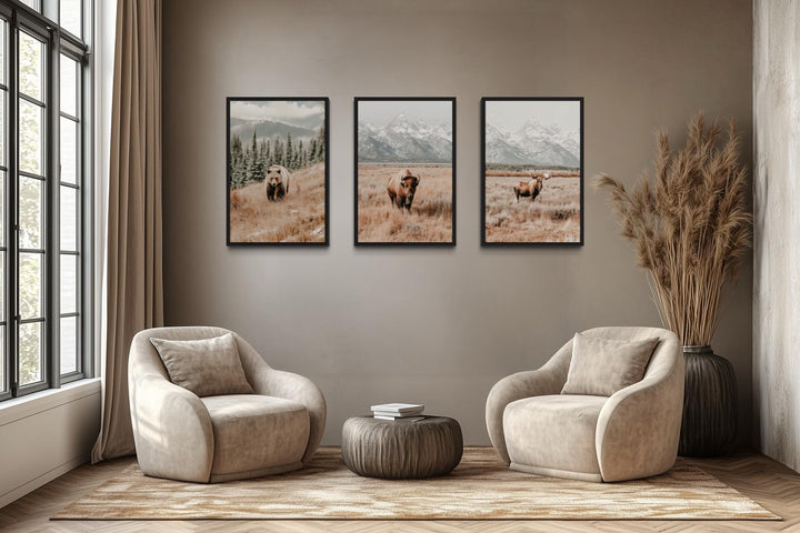 Grand Teton Wildlife Wall Art Set of 3 – Neutral Color Bear, Moose, and Bison Photography Style Prints