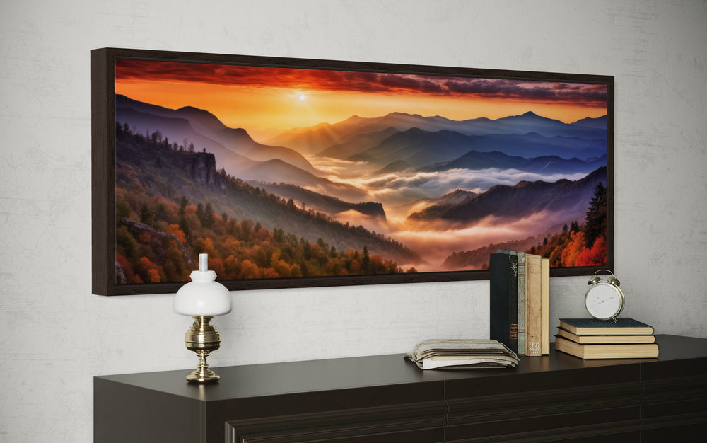 Great Smokey Mountains Sunset Landscape Long Narrow Living Room Framed Canvas Wall Art