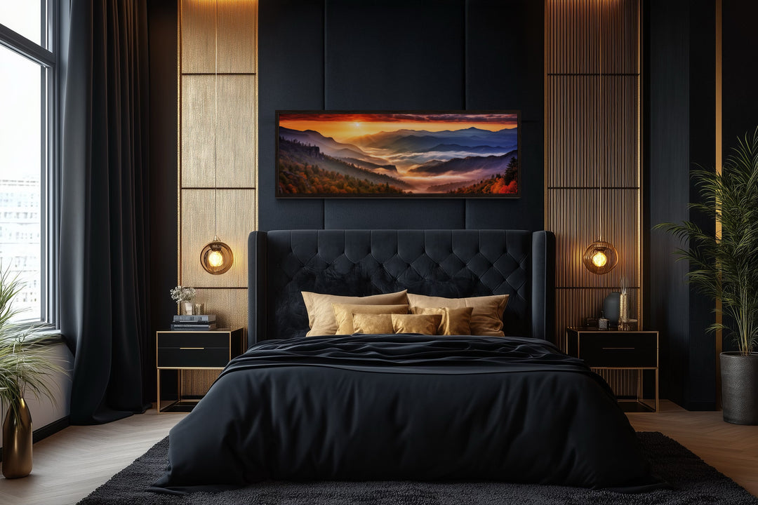 Great Smokey Mountains Sunset Landscape Long Narrow Living Room Framed Canvas Wall Art