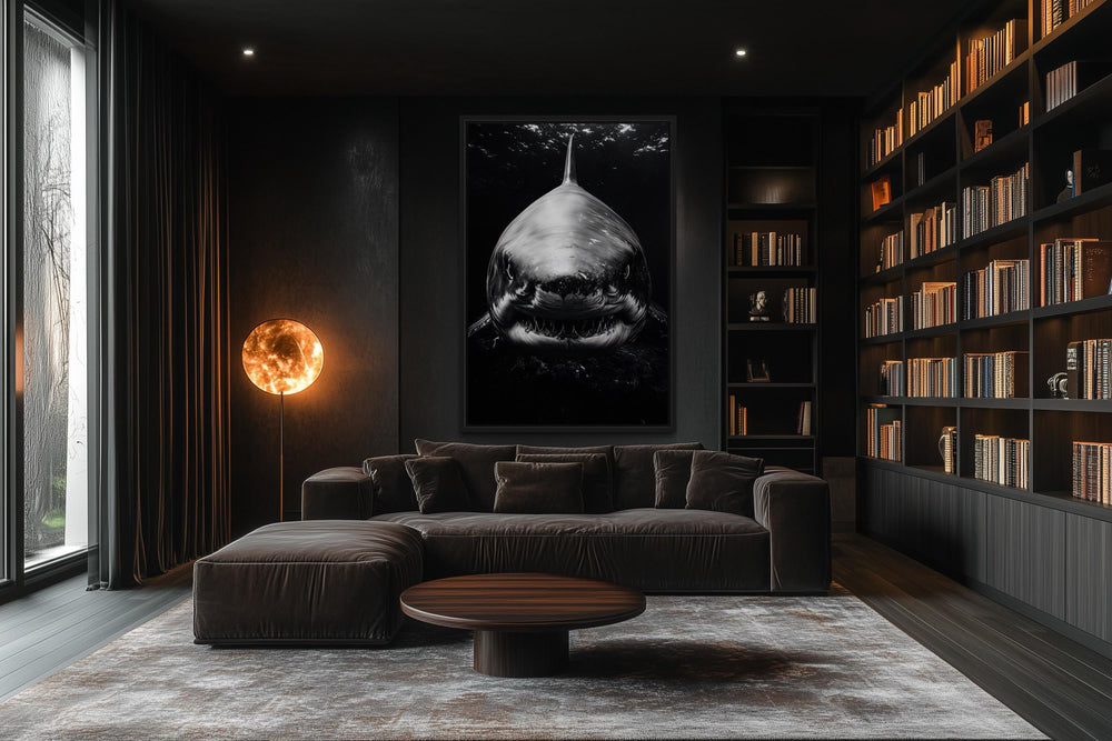 Great White Shark Black And White Framed Canvas Wall Art