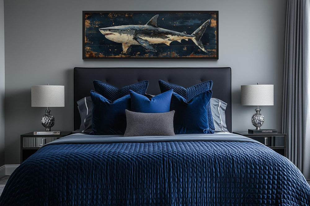 Great White Shark Long Horizontal Canvas Wall Art Above Men's Bed