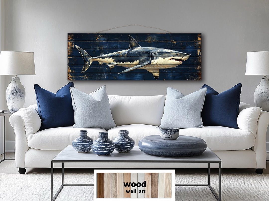 Great White Shark Long Horizontal Real Wood Wall Art
