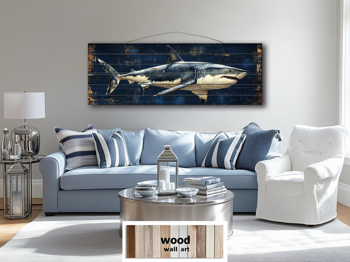 Great White Shark Long Horizontal Real Wood Wall Art